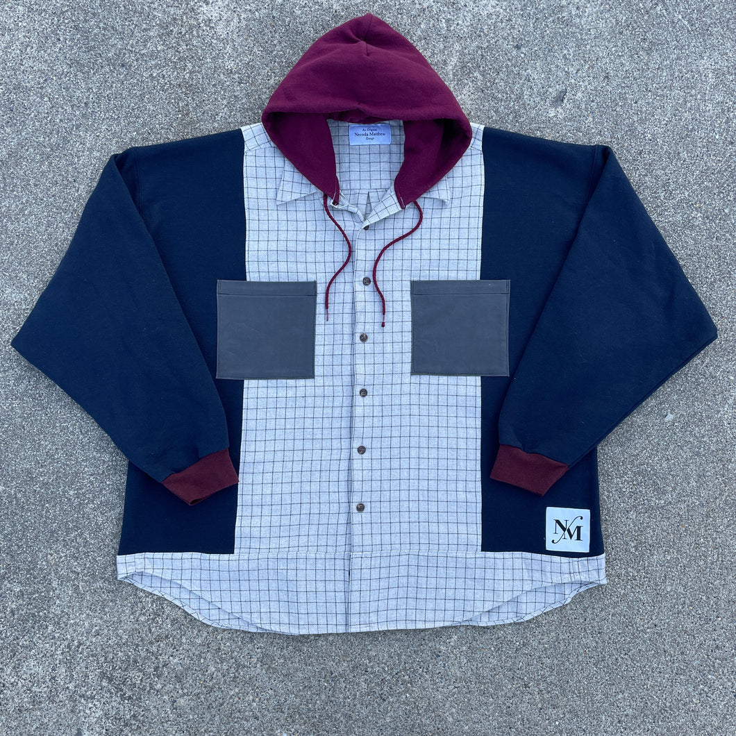 Oversized Navy Grid Flannel Hoodie Hybrid