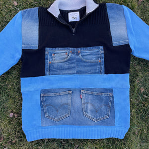 Two-Tone Knit and Denim Utility Sweater